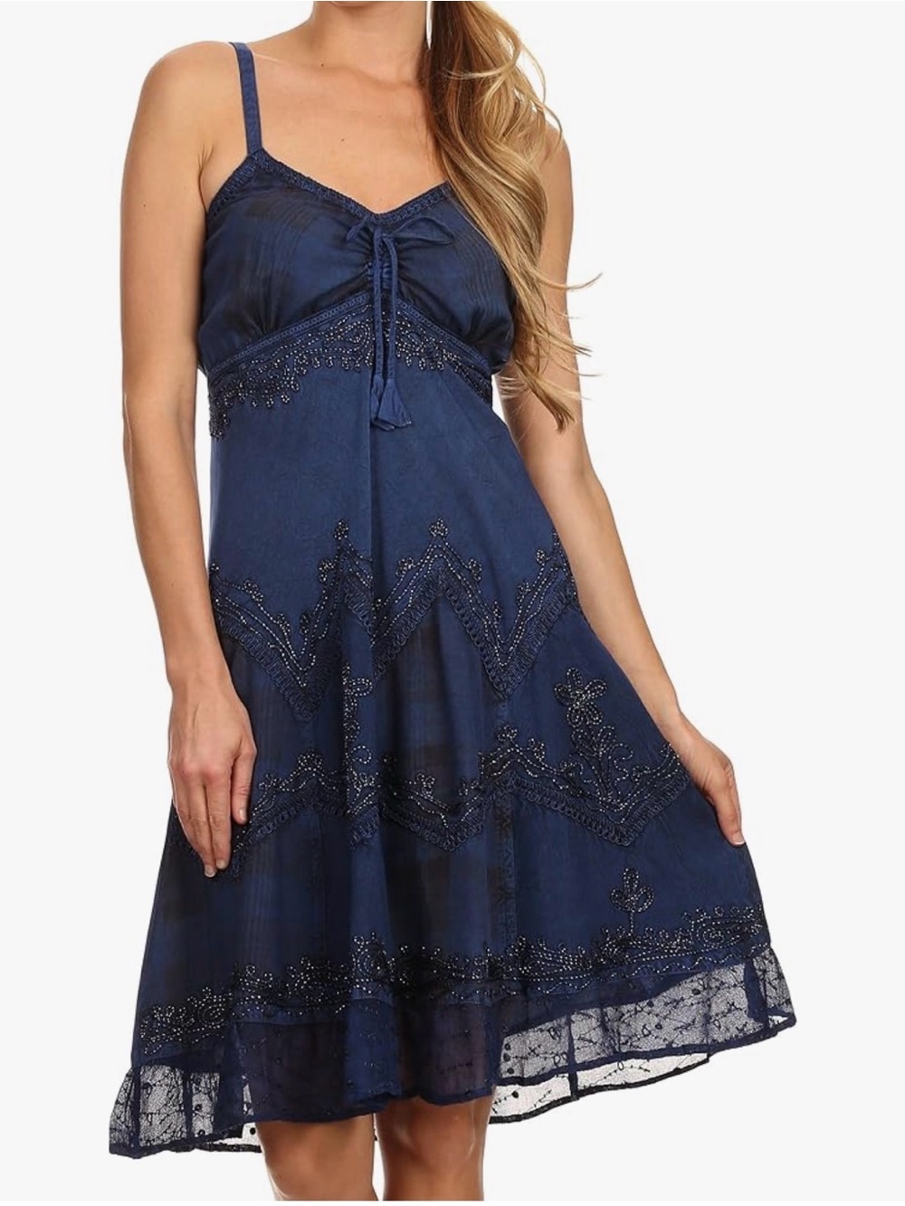 Sakkas Navy Blue Beaded Spaghetti Strap Midi Dress- S/M
